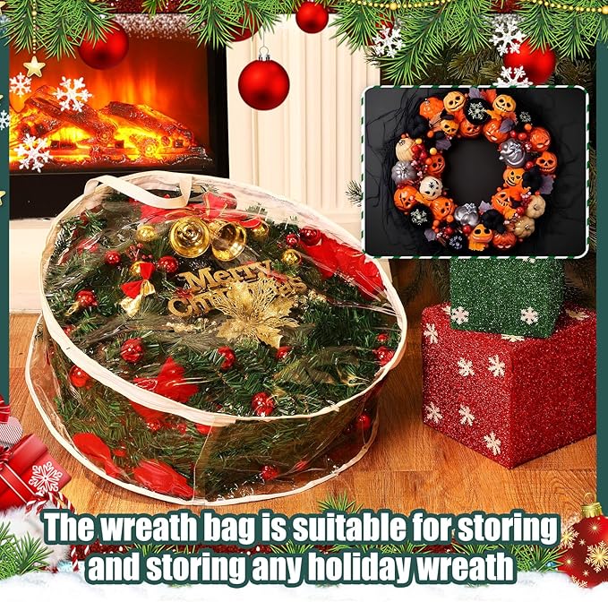 Zhengmy 20 Pcs 24 Inch Christmas Wreath Storage Bags Transparent Wreath Storage Container Bulk Wreaths Box with Dual Zippers and Handles for Xmas Holiday Wreaths Garland