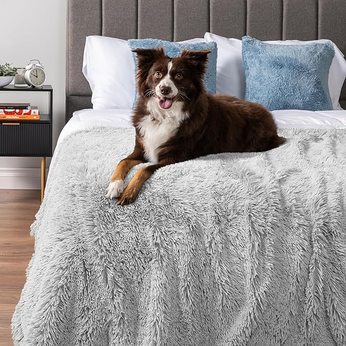 PetAmi Waterproof Dog Blanket for Large Dog, Queen Size Calming Pet Blanket Couch Cover Protector, Sherpa Faux Fur Cat Throw for Sofa Furniture Bed, Soft Fluffy XL, 90x90 Light Gray