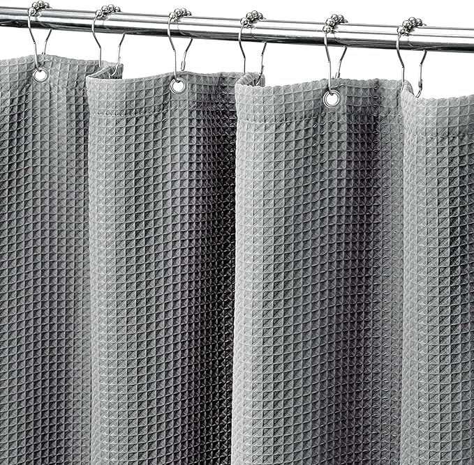 MISS SELECTEX Fabirc Shower Curtain for Bathroom, 230GSM Matt Waffle Water Repellent Durable Fabric Spa Hotel Shower Curtain, Machine Washable Cloth Shower Curtain(72Wx96H,Grey)