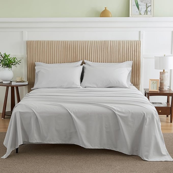 Simple&Opulence Belgian Linen Sheet Set Solid Color - 6 Pieces (1 Flat Sheet & 1 Fitted Sheet & 4 Pillowcases) 16" Deep Pocket Natural Flax Cotton Blended Soft Bedding - Khaki Grey, California King
