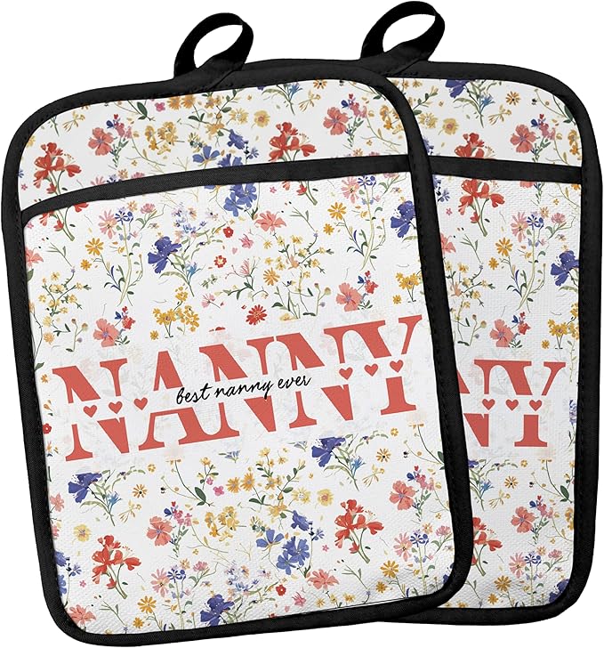 Nanny Gifts Floral Pot Holders, Mother's Day Birthday Gifts for Nanny from Grandkids Grandsons Granddaughters Canvas Pot Holders for Women,Potholders for Kitchens