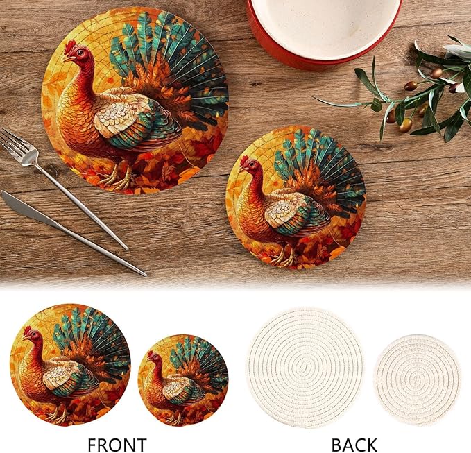 Thanksgiving Turkey and Autumn Leaves Trivets for Hot Dishes Pots and Pans Potholders Woven Trivet Cotton Round Large Pot Holder Decor Heat Resistant Hot Pads Mat for Table Counter Cooking Poth