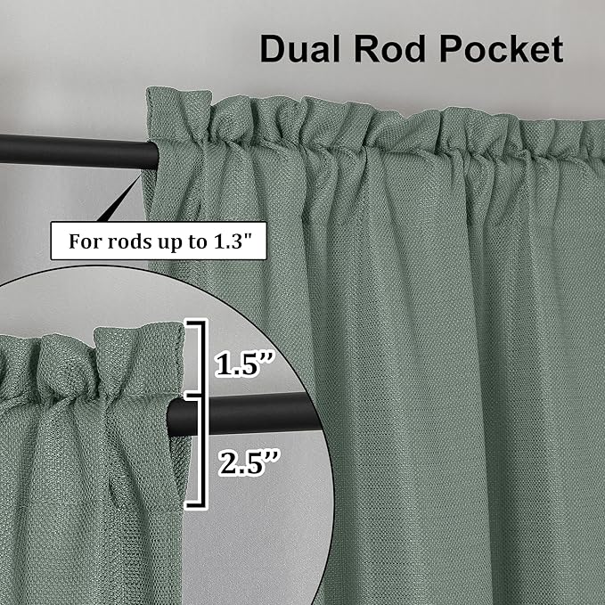 Lecloud Bessie Sage Green Kitchen Curtains 24 Inch Length 2 Panels Set, Faux Linen Cafe Short Curtains with Dual Rod Pocket, Window Curtain Tiers for Living Room/Bathroom, Each 30 W x 24 L