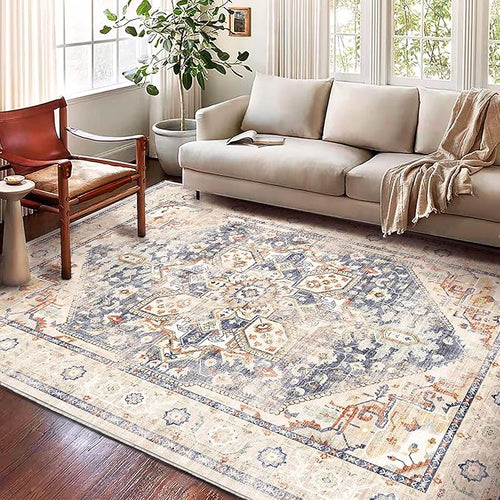 Area Rug 6'x9' Blue Khaki Washable Vintage Traditional Floor Cover Thin Retro Kitchen Indoor Distressed Non Slip Carpet Floral for Living Room Bedroom Dining Room