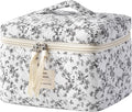 HBselect Christmas Gifts Large Quilted Makeup Bag, Cute Cotton Travel Makeup Bag with Handle, Portable Coquette Floral Make up Bags, Toiletry Organizer Make up Bags for Women Teen Girls Mom
