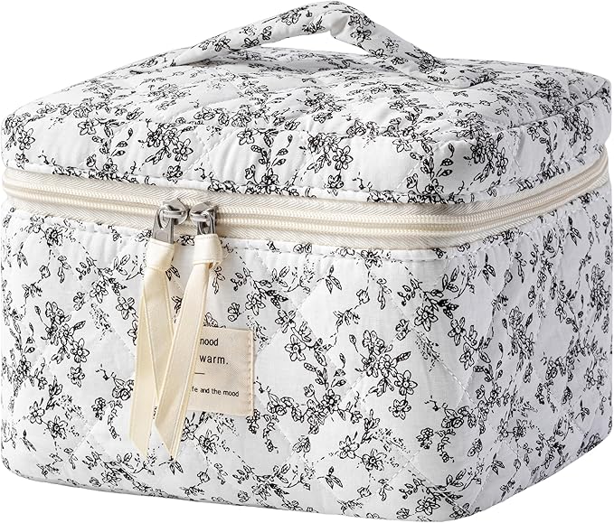 HBselect Christmas Gifts Large Quilted Makeup Bag, Cute Cotton Travel Makeup Bag with Handle, Portable Coquette Floral Make up Bags, Toiletry Organizer Make up Bags for Women Teen Girls Mom