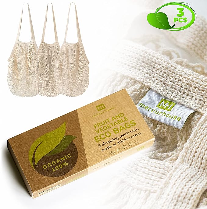 MERCURHOUSE 3 pack Cotton String Shopping Bags Reusable Washable Grocery Mesh Bags Organizer for Grocery Shopping Produce Net Bags with Longhandle for Fruit Vegetable Storage