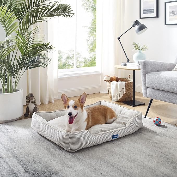 Sam's Pets Arlo Orthopedic Brown Plaid Dog Bed with Soft Fabric, Easy Cleaning, Non-Slip Grip, Modern Design, Large
