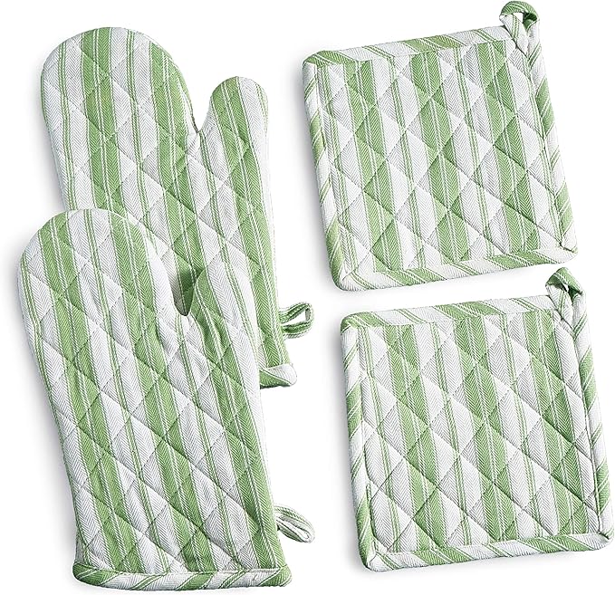 Oven Mitts & Potholder Set - Durable Heat Resistant Gloves - Thick Mittens for Kitchen - Suitable for Cooking, Baking, Grilling – BBQ - 2 Oven Mitts & 2 Potholders – Grass Green Stripes - Casa De Lan