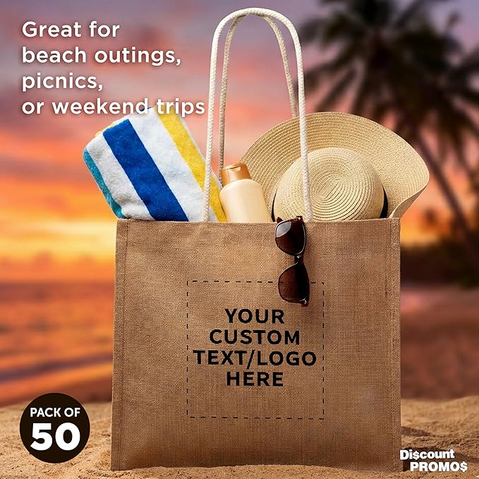 DISCOUNT PROMOS Custom Jute Bags with Rope Handle Set of 50, Personalized Bulk Pack - Reusable, Great for Shopping, Grocery, Promotional or Tradeshow - Natural