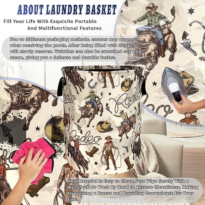 Western Cowboy Laundry Basket Oxford Cloth Cowboy Hat Funny Laundry Hamper With Handle Portable Clothes Storage Basket Foldable Western Print Laundry Bag 18.9"x16.5" For Laundry Room/Bedroom/Bathrooms