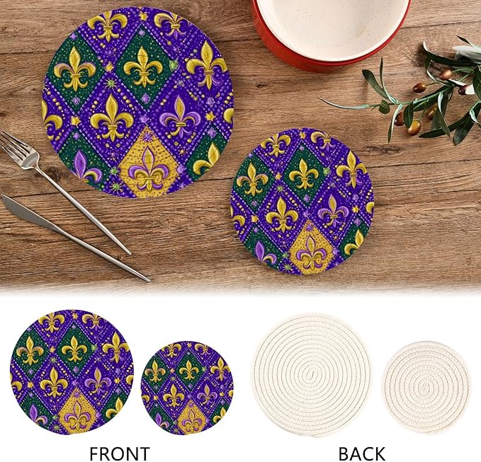Boccsty Fleur De Lis Lilyes Trivet Mat 2PCS Mardi Gras Round Woven Potholders Kitchen Table Countertop Protector Hot Pads Farmhouse Coasters Counter Mats for Cooking Baking