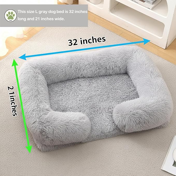 CareCooo Orthopedic Dog Bed for Large Dogs - Washable Memory Foam Pet Sofa, Fluffy Plush Rectangular Bed, Waterproof Anti-Anxiety Couch, Light Gray, L