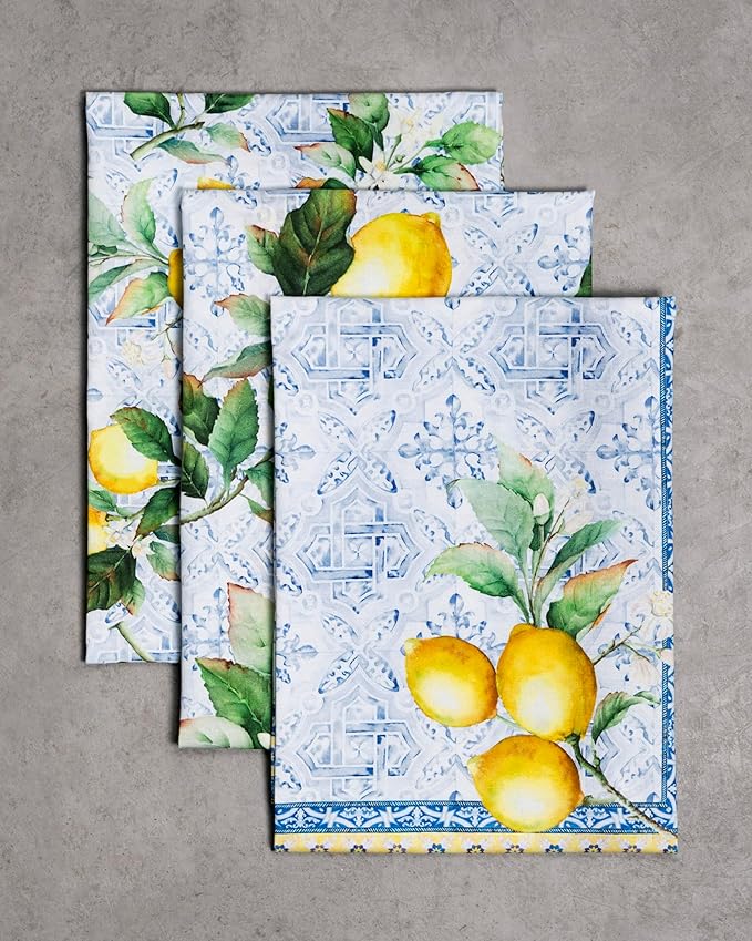 Maison d' Hermine Kitchen Towels Set of 3 100% Cotton 27.50" x 20" Reusable Cloth Tea Dish Towels Absorbent with Hanging Loop for Kitchen, Home, Dining, Cocktail Parties Spring/Summer (Citrus)