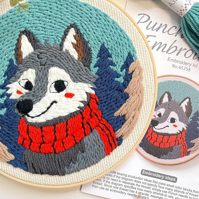 Myfelicity Punch Needle kit, a Beginner Set with Wolf Pattern Design, Suitable for Beginners and Adults with 7.9-inch Hoop