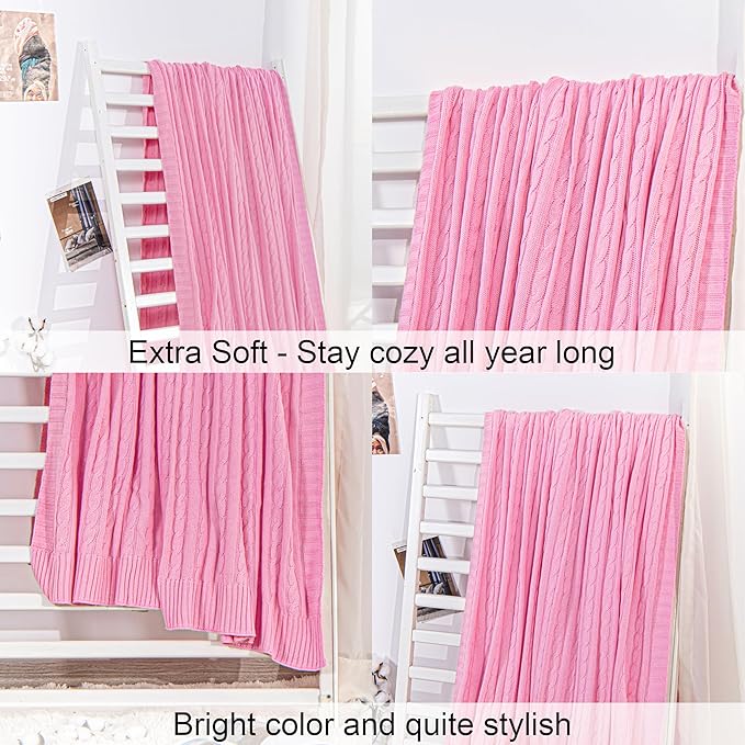 NTBAY 100% Pure Cotton Cable Knit Throw Blanket, Super Soft Warm 51x67 Knitted Throw Blanket for Couch, Sofa, Chair, Bed - Extra Cozy, Machine Washable, Comfortable Home Decor, Pink