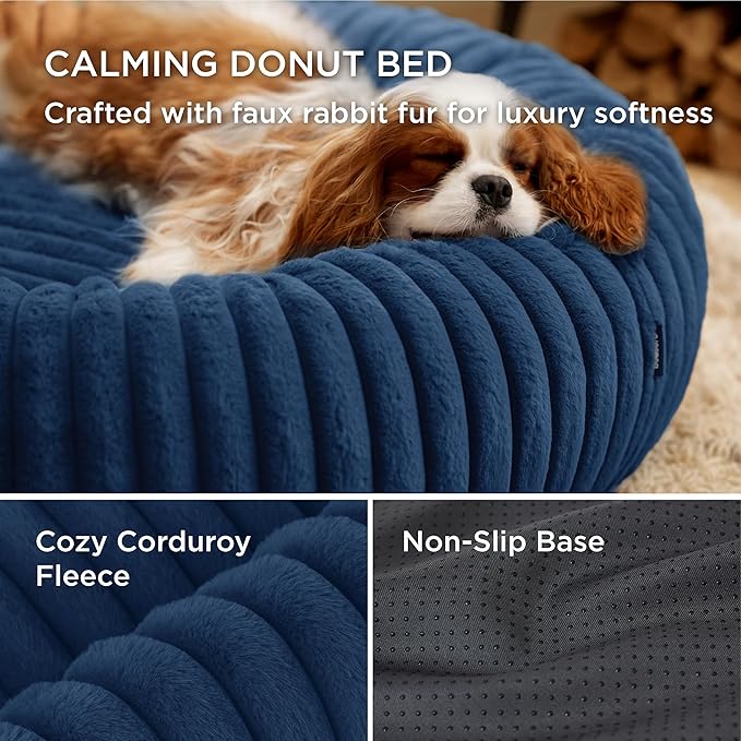 Bedsure Donut Large Dog Bed - Washable Faux Fur, Corduroy Fleece & Anti Slip Bottom, Round Pet Beds with Removable Cover, Night Blue, 36x36x8 inches