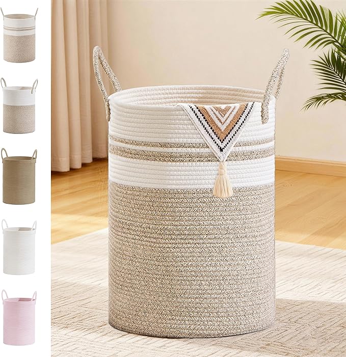 SunNewt Tall Laundry Basket with Handles, 58L Portable Dirty Clothes Hamper, Boho Cotton Rope Storage Bin for Blankets Kids Toys Gifts, Decorative Organizer for Nursery Bedroom Bathroom, New Brown