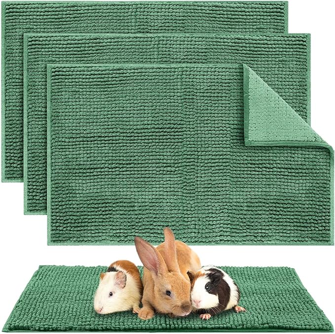 Amylove 4 Pcs Guinea Pig Cage Liner Guinea Pig Bedding Dog Door Mat for Muddy Pet Paws Washable Chenille Pee Pads Small Animal Sleeping Bed for Bunny Hamster(16 x 24 Inch,Rectangular,Dark Green)