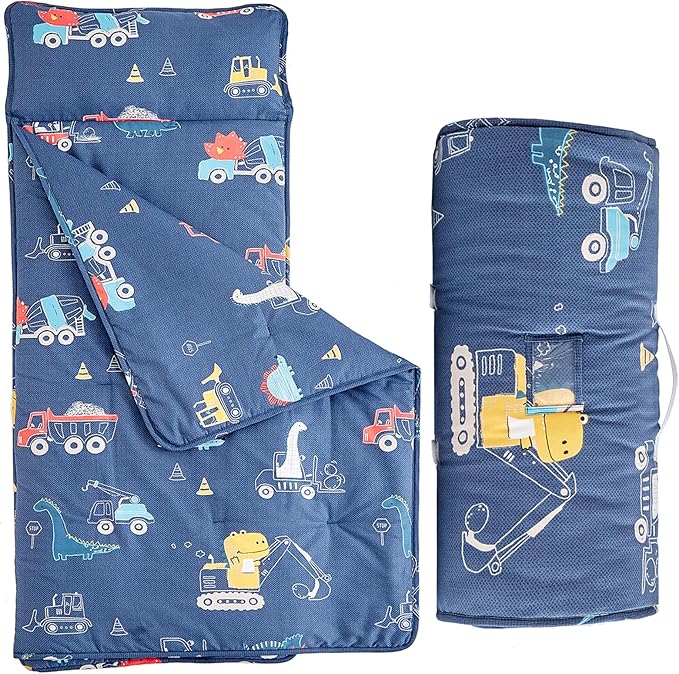 Cotton Toddler Nap Mat for Boys,Roll Up Slumber Bags Dinosaur Pattern,Toddler Nap Mat with Removable Pillow and Blanket, Kids Sleeping Mat for Daycare,Preschool and Kindergarten-Navy Blue ﻿