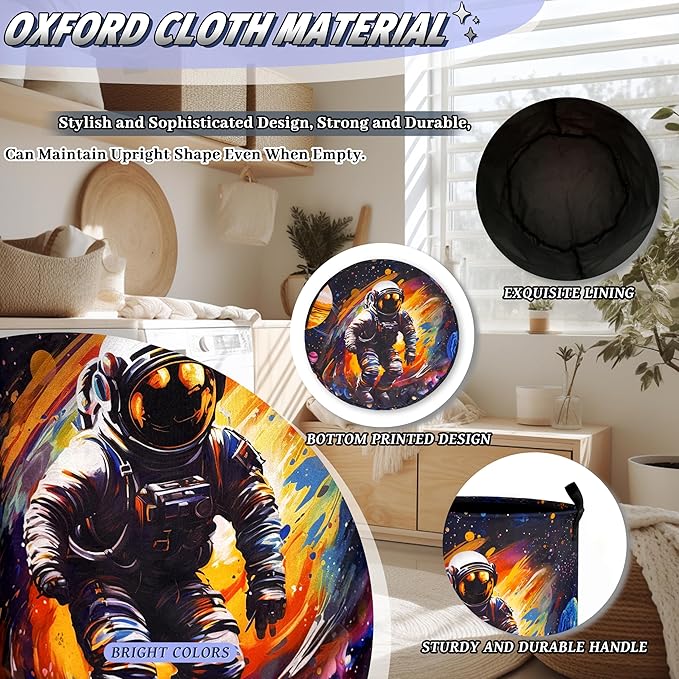Funny Astronaut Laundry Hamper Oxford Cloth Colorful Universe Planet Laundry Basket With Handle Portable Clothes Storage Basket Foldable Laundry Bag 18.9"x16.5" For Laundry Room/Bedroom/Bathrooms