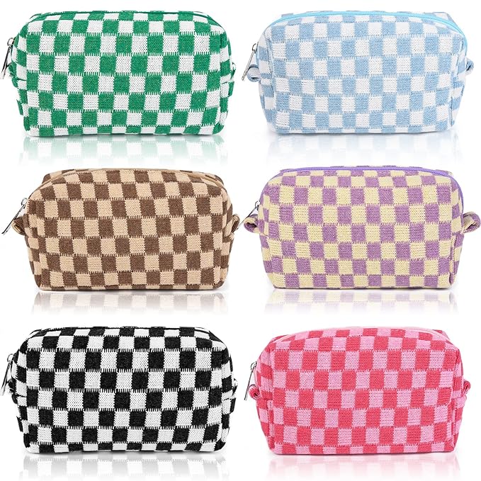 SOIDRAM 6 Pcs Checkered Makeup Bag Preppy Cosmetic Bag Bulk Pink Black Makeup Pouch Personalize Travel Toiletry Bag Organizer Cute DIY Makeup Brushes Storage Bag for Women