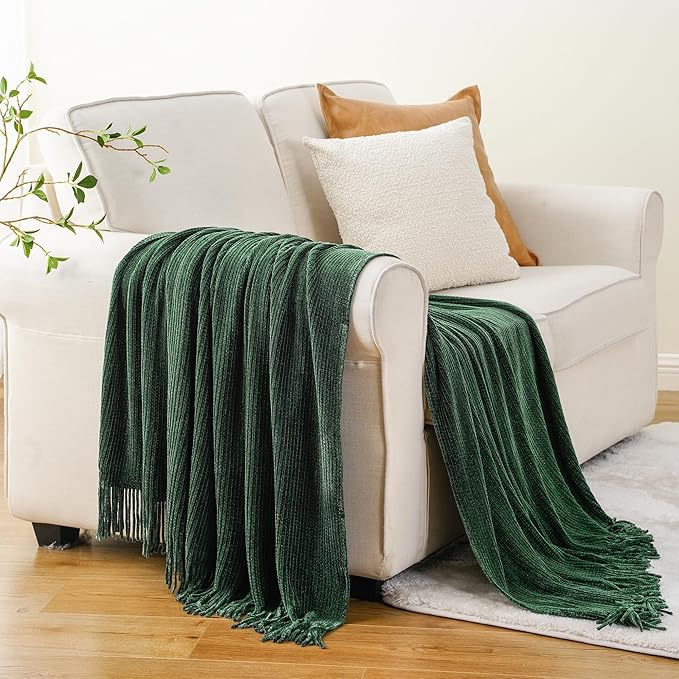 BATTILO HOME Dark Green Throw Blanket for Couch, Soft Chenille Knit Throws with Tassels for Home Decor, Spring Green Throws for Couch Cover, 50"x60"