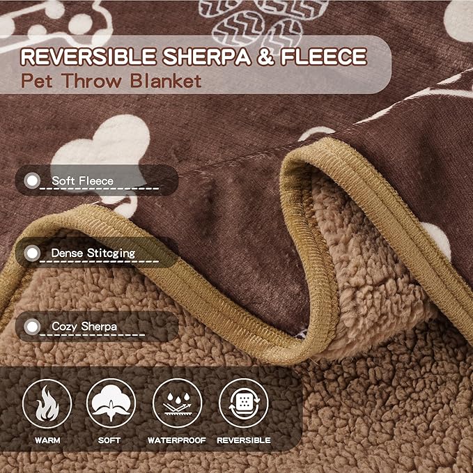 CAPT.SNOOZE Waterproof Dog Blankets Pet Blanket 60"x80", Soft Fluffy Sofa Car Bed Protector, Reversible Sherpa Fleece Dog Blanket for Large Dogs (Chocolate Brown-Bones)