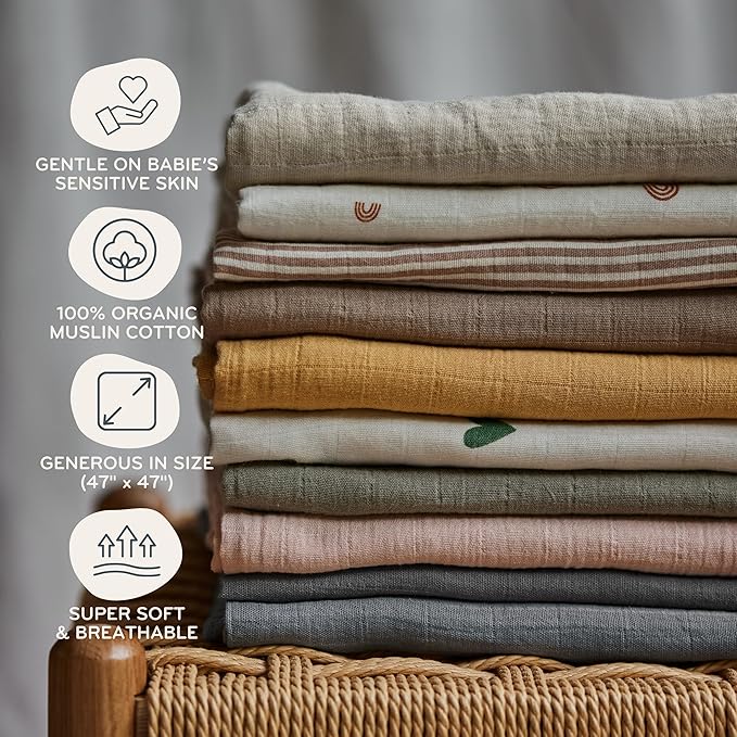 Huxie Swaddle - 100% Organic Cotton - Muslin Swaddle Blankets for Newborn, 47" x 47" (Rainbows)