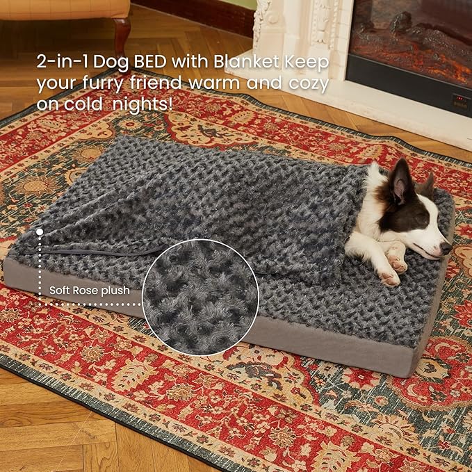 GOHOO PET Orthopedic Memory Foam Bed for Large Dogs, Waterproof Cooling Pet Mats for Crate with Removable Washable Cover,Ideal for Arthritic Dogs (X-Large-41"x 29" x 4", Rose Plush+Blanket)