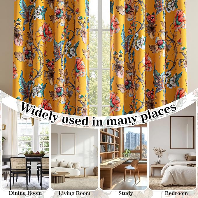MYSKY HOME Floral Blackout Curtains 63 Inch Long Bedroom Black Out Thermal Insulated Noise Reducing Drapes Flower Printed Cottagecore Style Grommet Window Treatment Living Room Kitchen, Pack-2, Yellow