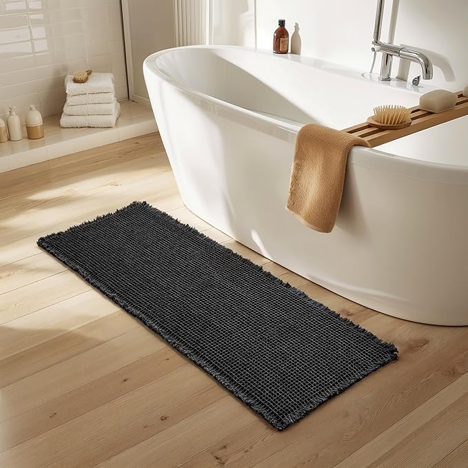 SUBRTEX Waffle Braided Bath Mat, 24" x 55" Soft Waffle Bath Rugs, Absorbent Non Slip Bathrooom Mats, Machine Washable Area Rug for Bathroom, Quick Dry, Black