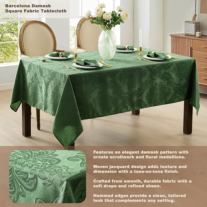Newbridge Barcelona Damask Fabric Tablecloth, 52 x 52 Inch Square, Hunter Green – No Iron, Soil Resistant Table Cover for Dining, Parties and Holidays