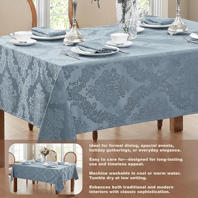 Newbridge Barcelona Damask Fabric Tablecloth, 60 x 144 Inch Rectangle, Blue – No Iron, Soil Resistant Table Cover for Dining, Parties and Holidays