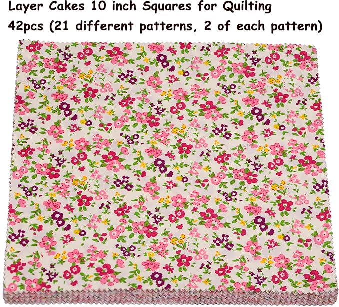 Hanjunzhao 42Pcs Layer Cakes 10 inch Squares for Quilting, Layer Cake Fabric for Quilting 10 inch, Pre-Cuts 10" Squares Cotton Fabric for Sewing, Patchwork, Crafts, and Home Decor - Spring Floral