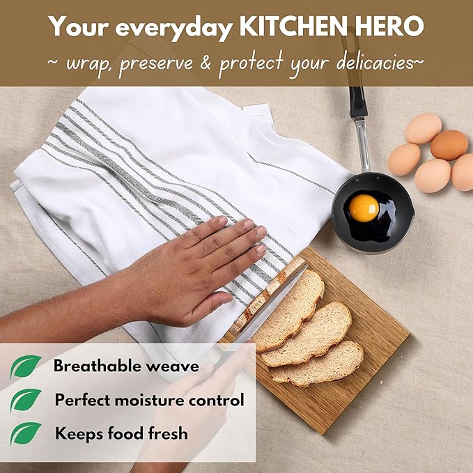 Native Fab 100% Cotton Grey Kitchen Towels 4 Pack 16x26 inches - Herringbone Weave Scandia Stripe Dish Towels for Drying, Absorbent Dish Cloths Set with Hanging Loop - Grey White