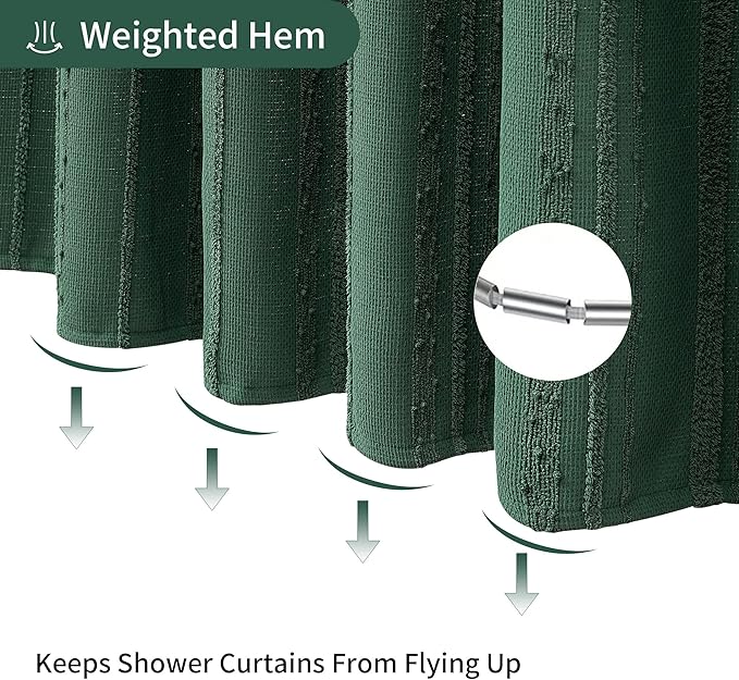 Lameirose Dark Green Shower Curtain Boho, Cotton Blend Waffle Shower Curtain Textured, Fabric Shower Curtains for Bathroom, Hotel, 72 x 72