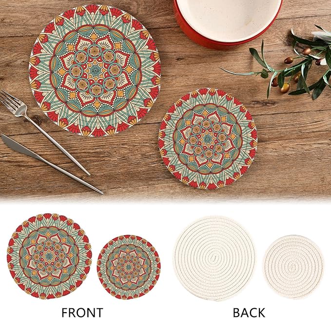 BohoTrivets for Hot Dishes Pots and Pans Potholders Woven Trivet Cotton Round Large Pot Holder Decor Heat Resistant Hot Pads Mat for Table Counter Cooking Potholder Set of 2 (7in + 9in) Mandala
