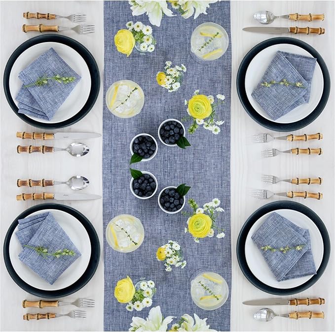 Solino Home Linen Cloth Napkins Set of 4-100% Pure Linen Chambray Indigo Dinner Napkins 20 x 20 Inch - Athena, Handcrafted and Machine Washable - Winter, Spring, Easter