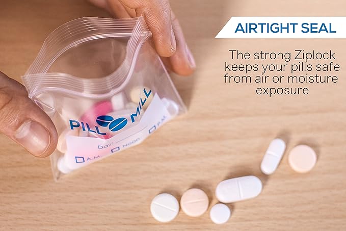 Pill Bag Count - Size 3" X 2" 3 Mil – Plastic Pill Organizer Bags – Small Pocket Pill Baggies – Travel Pill Pouch– Daily AM PM Medicine Storage Pouches – Locking Pill Carrier Container (100-Pack)