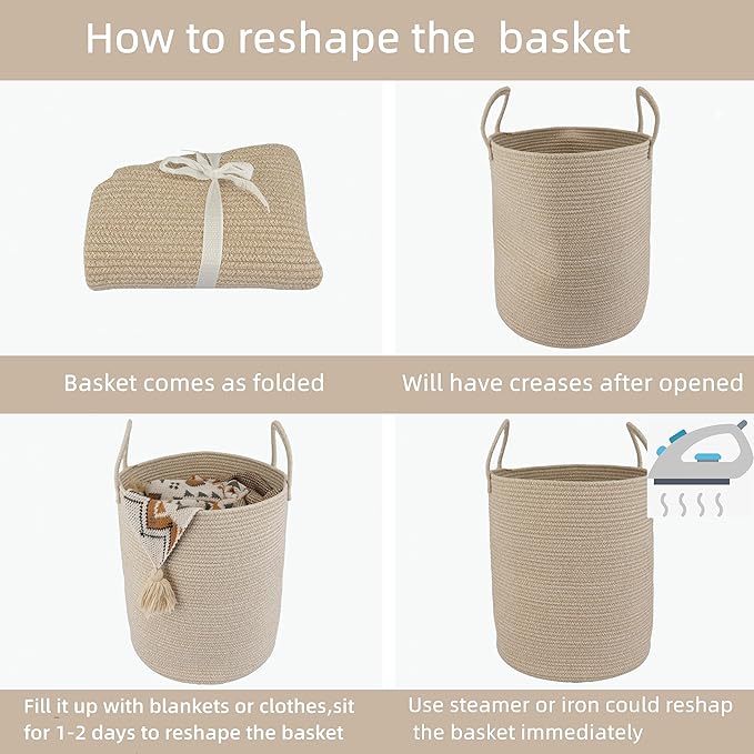 XUANGUO Cotton Rope Laundry Basket Hamper for Clothes Woven Storage Basket for Living Room Bedroom Boho Tall Rope Baskets for Blanket Toys Pillow Towels Baby Nursery Hamper Bin oatmeal