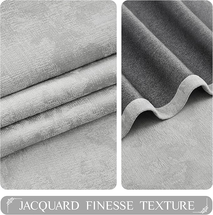 Beauoop Grey Floral Jacquard Blackout Curtains 96 Inches Long 2 Panels for Bedroom Living Room Chenille Flower Room Darkening Thermal Insulated Soundproof Rod Pocket Back Tab Window Drapes, 52x96