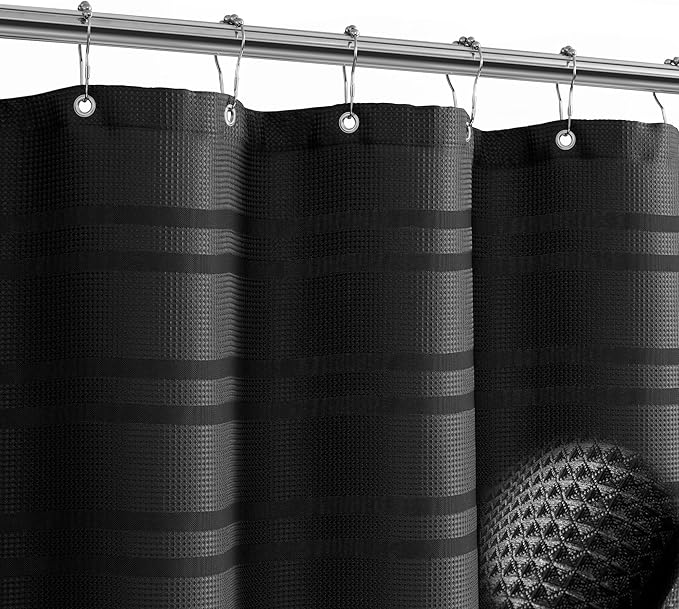 TURKIO Black Shower Curtain Waffle Weave Shower Curtain Striped Fabric Shower Curtains for Bathroom, Black Bathroom Decor