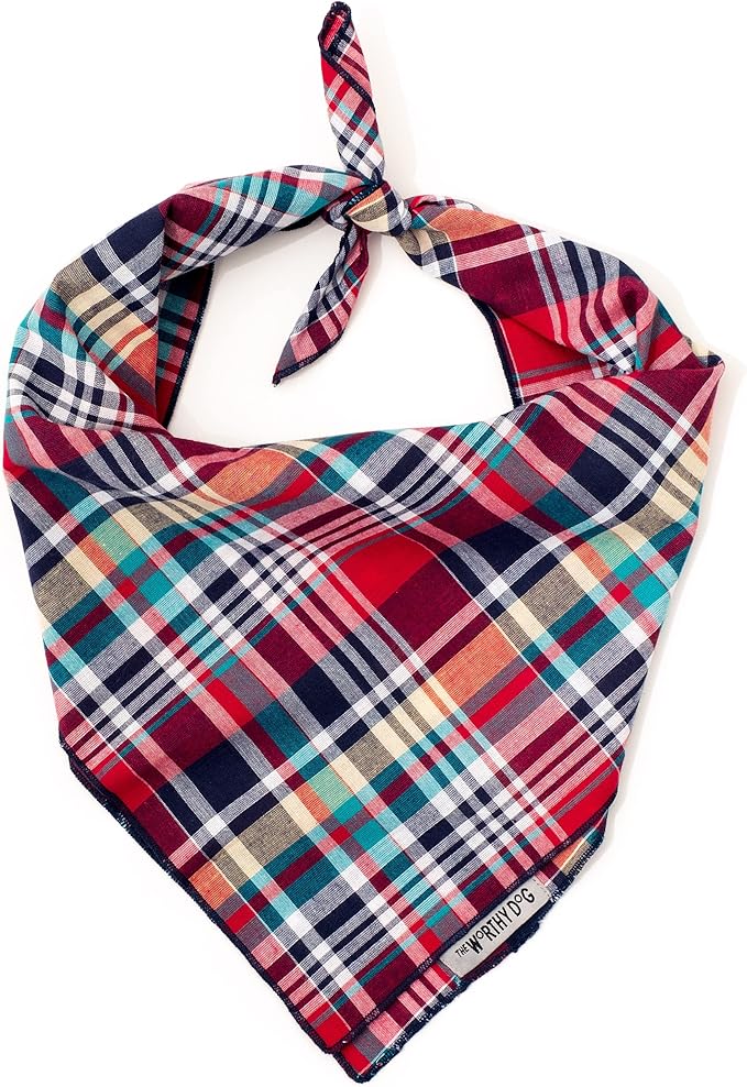 THE WORTHY DOG Classic Tie-On Dog Bandana – Soft Cotton Flannel Square Pet Bandana, Madras Plaid Classic Pattern, Red/Navy/Multicolored, Small