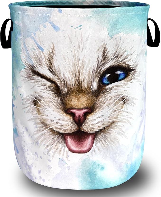 Cute Cat Laundry Hamper Foldable Oxford Cloth Funny Animal Cats Laundry Basket With Handle Portable Clothes Storage Basket Laundry Bag 18.9"x16.5" For Laundry Room/Bedroom/Bathrooms