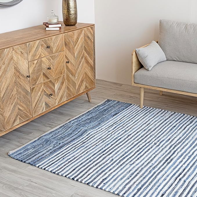 HOMEMONDE Denim Rag Rug 4'x6' Blue Recycled Soft Cotton Chindi Hand Crafted Reversible Boho Rugs Farmhouse Style for Bedroom, Living Room, Kitchen, Entyrway