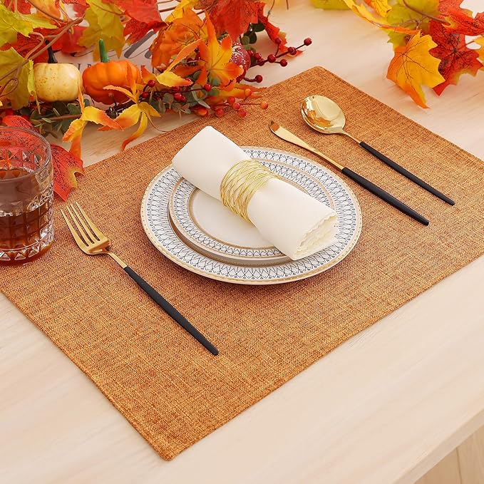 homing Cotton Linen Placemats Set of 8, Cloth Washable Farmhouse Dining Table Mats for Indoors & Outdoors, Easy to Clean, Orange, 13 x 19 Inch