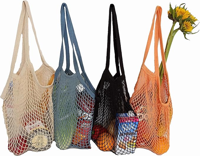 Homeneeds Reusable Long Handle Grocery Bags, Fruit and Vegetable Shoulder Bag, Washable Cotton Mesh String Organizer Shopping Handbags