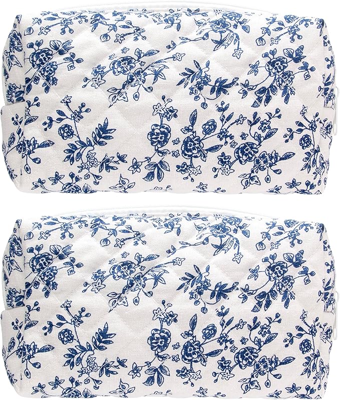 PAZIMIIK 2PCS SET Vintage Quilted Makeup Bag Cosmetic Pouch for Brushes Pencils and Travel Make Up Accessories for Women and Girls Jouy Blue