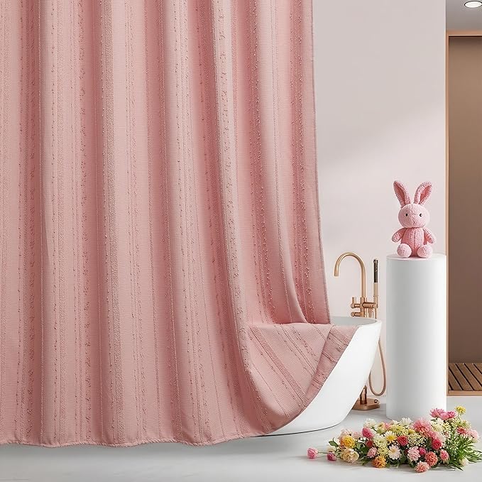 Lameirose Pink Shower Curtain Boho, Cotton Blend Waffle Shower Curtain Textured, Fabric Shower Curtains for Bathroom, Washable 72 x 72